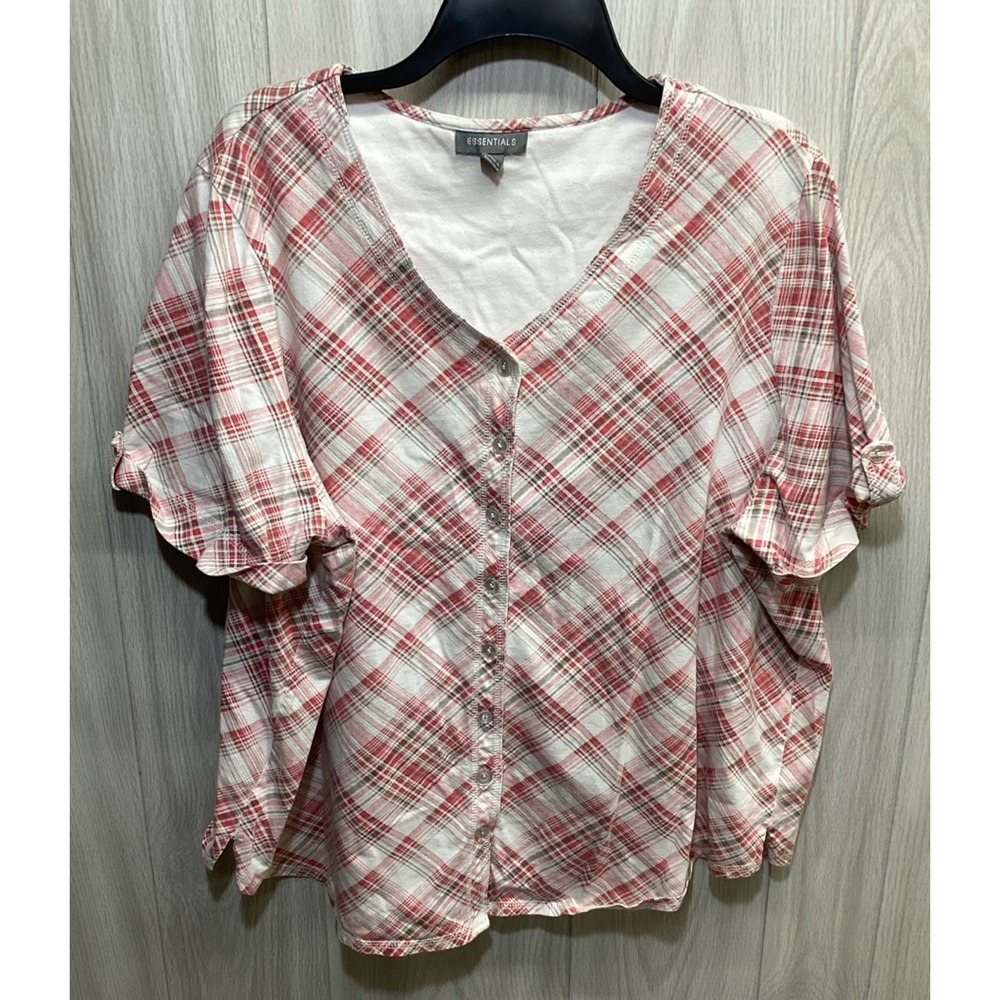 ESSENTIALS Women's (Size 2X) Short Sleeve V-Neck Button‎ Down Shirt 100% Cotton